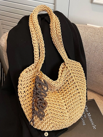 Borsa Tote Intrecciata a Mano per Donna Borsa a Spalla Minimalista in Crochet Artistica Borsa da Spiaggia Vacanza con Ciondolo