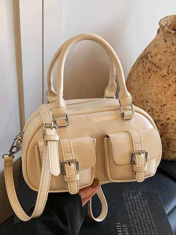 Mode PU Leer Boston Crossbody Tas Voor Vrouwen Trendy Zoete Koreaanse Stijl Bowling Tas Dubbele Zakken Verstelbare Schouderriem Tas