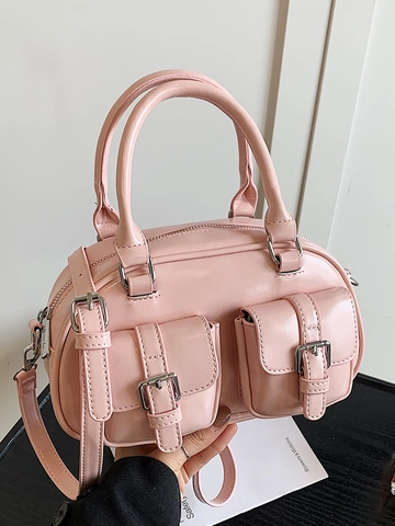 Mode PU Leer Boston Crossbody Tas Voor Vrouwen Trendy Zoete Koreaanse Stijl Bowling Tas Dubbele Zakken Verstelbare Schouderriem Tas