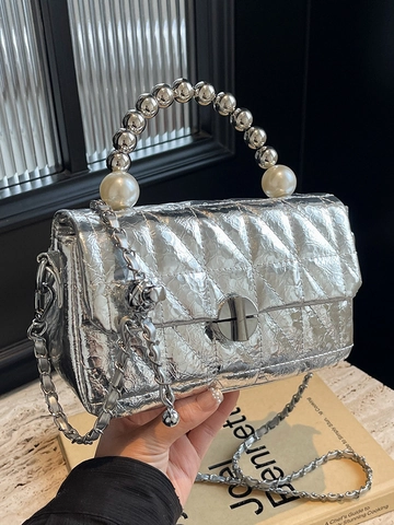 Fashion Women Quilted Rhombus Square Handbag PU Leather Artificial Pearl Handle Swivel Lock Chain Shoulder Crossbody Bag
