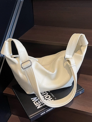 Women Large Capacity PU Leather Tote Bag Minimalist Crescent Hobo Crossbody Bag Adjustable Wide Strap Casual Office Shoulder Bag