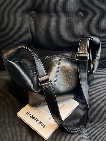 Women Large Capacity PU Leather Tote Bag Minimalist Crescent Hobo Crossbody Bag Adjustable Wide Strap Casual Office Shoulder Bag