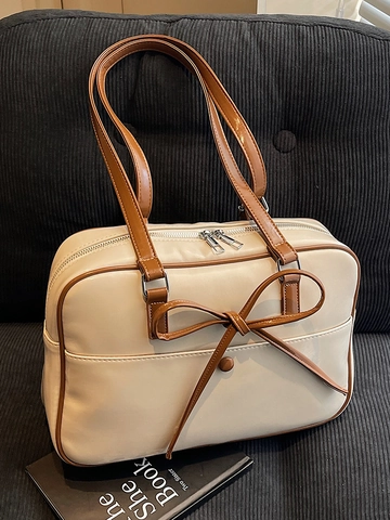 Korean Niche Contrast Color Ballet Style Bow Tote Bag Casual Multi-way PU Leather Shoulder Bag Backpack For Women