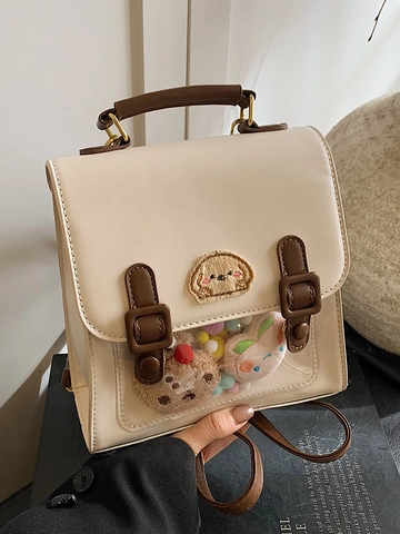 Vintage Britischer Stil Damen PU Leder Fashion Rucksack Kleiner Ita Bag Mit Transparentem Fenster Welpen Stickerei Handtasche