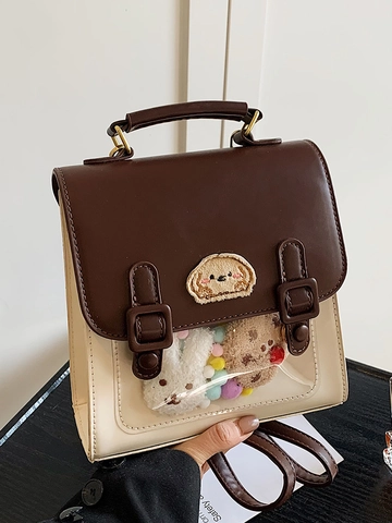 Vintage Britischer Stil Damen PU Leder Fashion Rucksack Kleiner Ita Bag Mit Transparentem Fenster Welpen Stickerei Handtasche