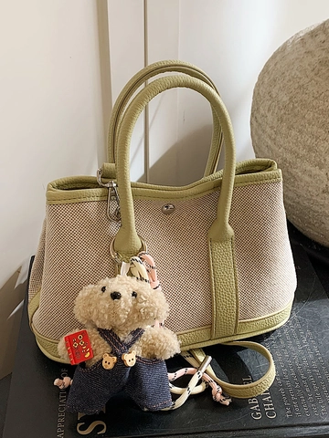 Trendige Handtasche Im Koreanischen Stil Aus Segeltuch Und PU-Leder Kontrastfarbe Lässige Beuteltasche Mit Plüschbär-Anhänger Für Damen Umhängetasche