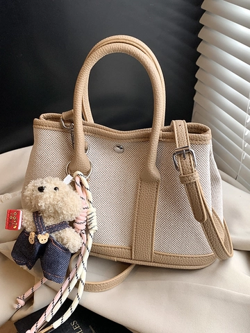 Trendige Handtasche Im Koreanischen Stil Aus Segeltuch Und PU-Leder Kontrastfarbe Lässige Beuteltasche Mit Plüschbär-Anhänger Für Damen Umhängetasche