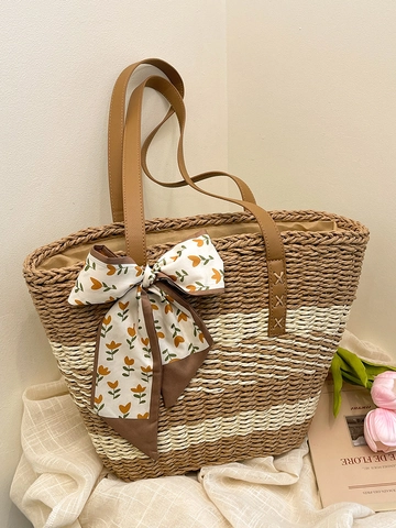 Bolso Tote de Paja Tejida a Rayas de Moda para Mujer Color de Contraste Bolso de Hombro para Vacaciones con Lazo de Tulipán