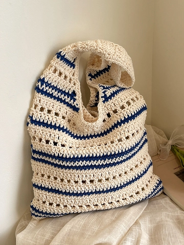 Borsa Tote in Tessuto Fatta a Mano Donna Traforata a Righe Borsa a Tracolla Fiocco Ricamo Floreale Dolce Vacanza Spiaggia Borsa Uncinetto