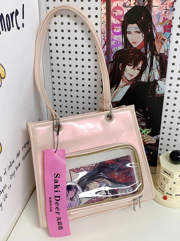 Damen Ölwachs PU Leder Ita Tasche Mit Transparentem PVC Fenster Street Trend Umhängetasche Für Anime Badge Display