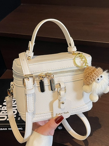 Vintage PU Leather Box Crossbody Bag For Women Elegant Pebbled Texture Small Top Handle Handbag With Plush Monster Charm
