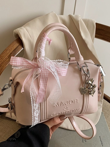 Vrouwen Zoet PU Leer Boston Kussen Handtas Mode Reliëfletter Crossbody Tas Met Kanten Strik Hartbedeltje Dagelijks Schoudertas