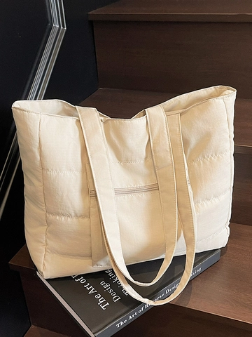 Bolso Tote Acolchado de Gran Capacidad Minimalista para Mujer Bolso de Hombro Puffer para Viaje Diario Bolso de Mano de Tela Suave Color Sólido Casual Con Bolsillo Delantero
