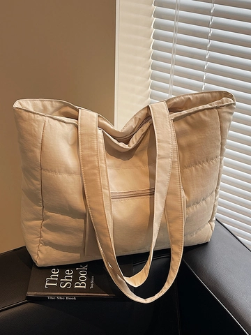 Bolso Tote Acolchado de Gran Capacidad Minimalista para Mujer Bolso de Hombro Puffer para Viaje Diario Bolso de Mano de Tela Suave Color Sólido Casual Con Bolsillo Delantero