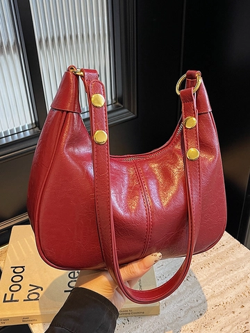 Retro Solid Color PU Leather Hobo Bag With Rivet Details For Women Fashion Minimalist Shoulder Crossbody Bag For Daily Commute