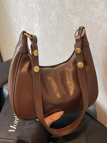 Retro Solid Color PU Leather Hobo Bag With Rivet Details For Women Fashion Minimalist Shoulder Crossbody Bag For Daily Commute