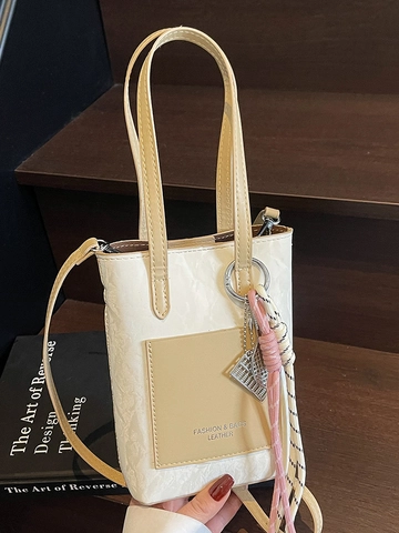 Bolso Bandolera de Cuero PU Minimalista Urbano para Mujer Color de Contraste Textura Arrugada Bolso de Mano Cubo Pequeño