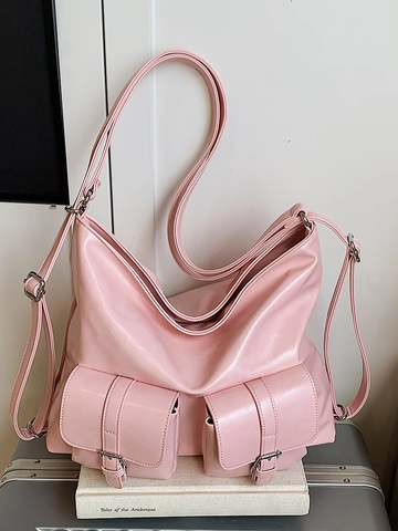 Women Large Capacity PU Leather Tote Bag Fashion Multi-Way Shoulder Bag Backpack With Front Buckle Pockets Solid Color