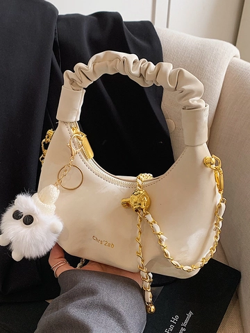 Bolso Hobo Plisado Para Mujer Estilo Coreano De Cuero PU Bolso De Mano Fruncido Con Cadena Y Colgante De Peluche
