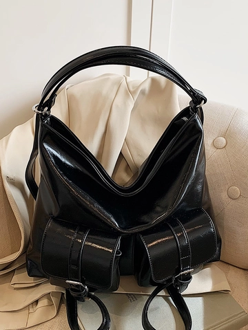 Women Large Capacity PU Leather Tote Bag Fashion Multi-Way Shoulder Bag Backpack With Front Buckle Pockets Solid Color