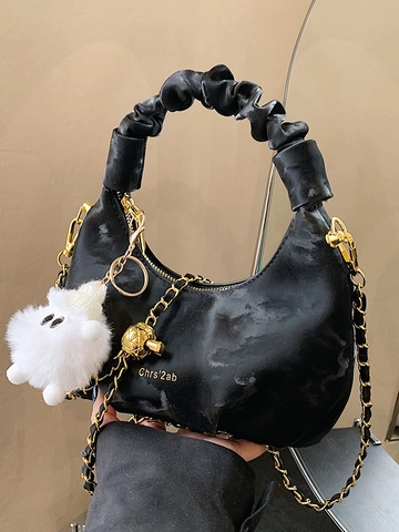Bolso Hobo Plisado Para Mujer Estilo Coreano De Cuero PU Bolso De Mano Fruncido Con Cadena Y Colgante De Peluche