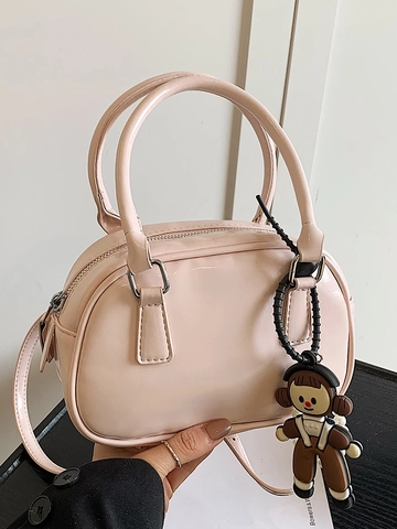 Mini Glänzende PU Leder Bowling Tasche Für Damen Mit Cartoon Puppe Anhänger Perle Charme Doppelgriff Schulter Umhängetasche