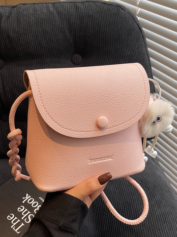 Moda Donna Motivo Litchi Pelle PU Borsa a Tracolla a Secchiello Minimalista Piccola Borsa Quadrata Con Ciondolo a Palla di Peluche