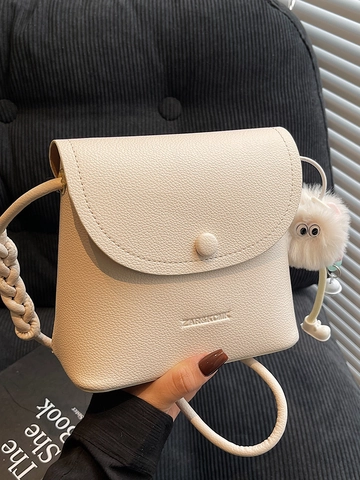Moda Donna Motivo Litchi Pelle PU Borsa a Tracolla a Secchiello Minimalista Piccola Borsa Quadrata Con Ciondolo a Palla di Peluche