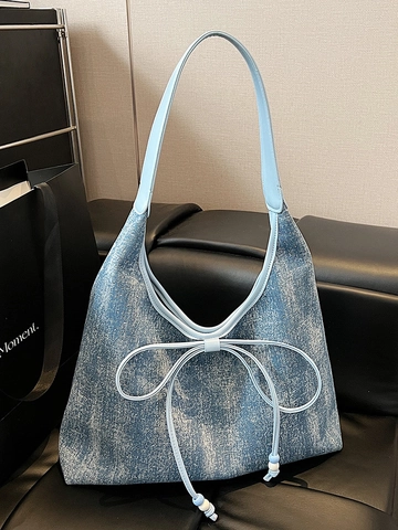 Sac Cabas en Denim pour Femmes avec Nœud Texture Scintillante Grande Capacité Sac à Bandoulière Décontracté Style Urbain