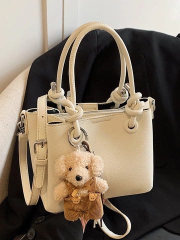 Nuevo Bolso Tipo Cubo de Cuero PU Minimalista Patrón de Lichi Asa con Nudo Bolso de Mano Bandolera Casual Oso Mujer Moda
