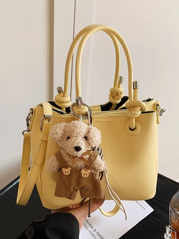 Nuevo Bolso Tipo Cubo de Cuero PU Minimalista Patrón de Lichi Asa con Nudo Bolso de Mano Bandolera Casual Oso Mujer Moda