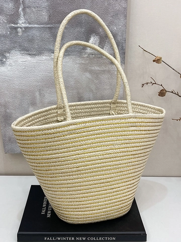 Large Capacity Woven Tote Bag For Women Pastoral Style Solid Color Handwoven Straw Bucket Bag Summer Beach Vacation Bag