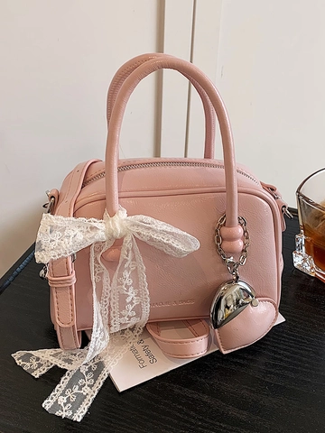 Women PU Leather Boston Pillow Bag With Lace Bow Heart Pendant Crossbody Handbag Fashion Commuter Shoulder Bag For Daily Use