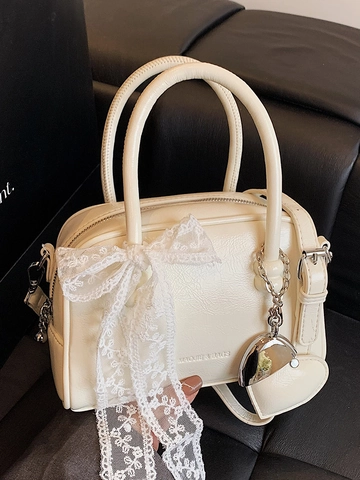 Women PU Leather Boston Pillow Bag With Lace Bow Heart Pendant Crossbody Handbag Fashion Commuter Shoulder Bag For Daily Use