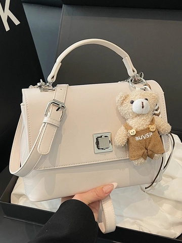 Women PU Leather Small Square Bag Solid Color Handbag Crossbody Bag with Bear Charm Silver Metal Lock Commuter Fashion Bag