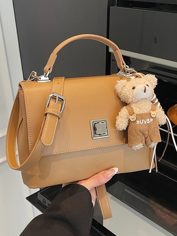 Women PU Leather Small Square Bag Solid Color Handbag Crossbody Bag with Bear Charm Silver Metal Lock Commuter Fashion Bag