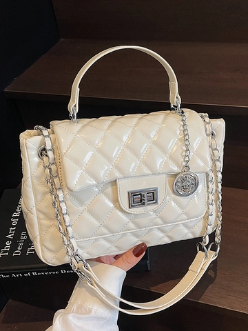 Elegant PU Leather Quilted Rhombic Chain Shoulder Bag With Rotating Lock And Round Pendant For Women Casual Crossbody Handbag