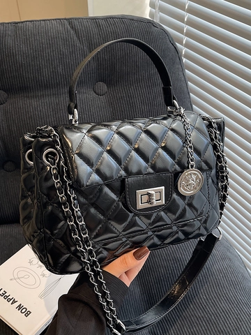 Elegant PU Leather Quilted Rhombic Chain Shoulder Bag With Rotating Lock And Round Pendant For Women Casual Crossbody Handbag