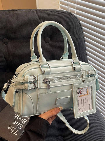 Borsa Boston in Pelle PU Moda Coreana Street Style Moto Borsa a Tracolla a Mano Con Tracolla Porta Carte Donna