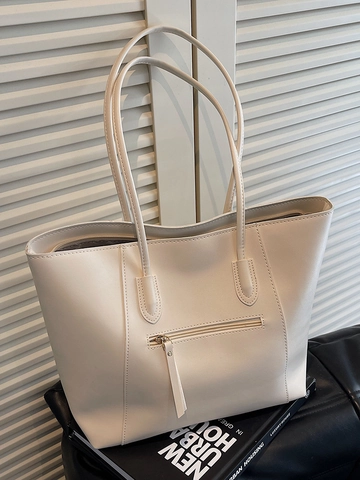 Minimalist Large Capacity PU Leather Tote Bag For Women Fashion Simple Solid Color Shoulder Bag With Zipper Pocket Office Work