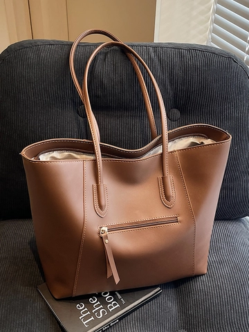 Minimalist Large Capacity PU Leather Tote Bag For Women Fashion Simple Solid Color Shoulder Bag With Zipper Pocket Office Work