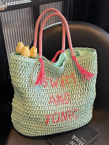 Sommer Strand Stroh Geflochtene Tragetasche Damen Minzgrün Rosa Buchstaben Stickerei Quasten Umhängetasche Große Kapazität Urlaub Handtasche