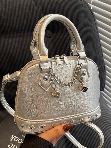 Trendy Women PU Leather Shell Crossbody Bag With Rivet Metal Chain Dice Pendant Fashion Versatile Small Handbag For Lady