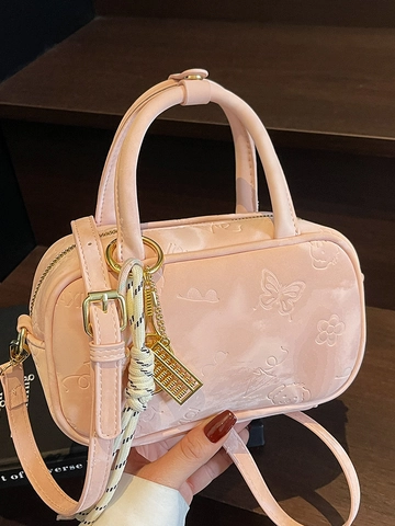 Damen Mode Geprägte PU Leder Boston Tasche Minimalistische Cartoon Muster Handtasche Mit Anhänger Umhängetasche Für Den Alltag
