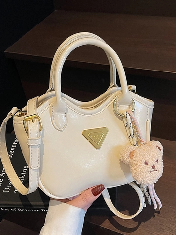 Koreanische Retro Ölwachs PU Leder Eimertasche Minimalistische Kleine Handtasche Mit Bärenanhänger Stilvolle Umhängetasche Für Damen Alltag