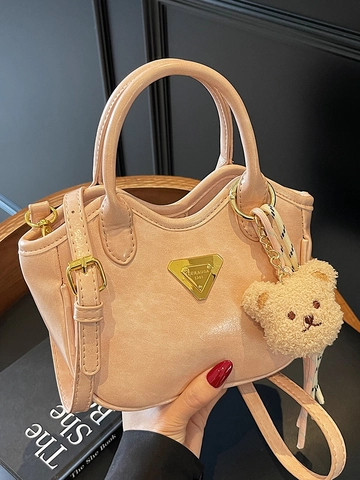 Koreanische Retro Ölwachs PU Leder Eimertasche Minimalistische Kleine Handtasche Mit Bärenanhänger Stilvolle Umhängetasche Für Damen Alltag