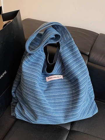 Damen Große Kapazität Strick Einkaufstasche Casual Gestreift Stern Stickerei Schultertasche Leichte Baumwollmischung Handtasche