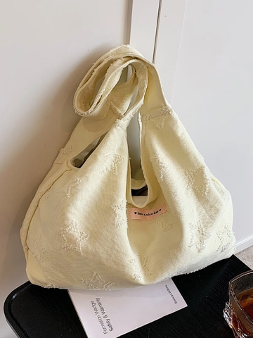 Damen Große Kapazität Strick Einkaufstasche Casual Gestreift Stern Stickerei Schultertasche Leichte Baumwollmischung Handtasche