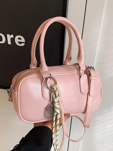 Bolso Boston Minimalista Retro de Cuero PU de Color Sólido para Mujer Bolso de Mano Cruzado con Detalle de Costuras y Colgante