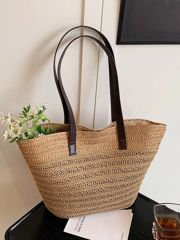 Borsa a Tracolla in Paglia di Nicchia Francese per Donna Grande Capacità Intrecciata a Mano Borsa Tote da Spiaggia Estiva in PU